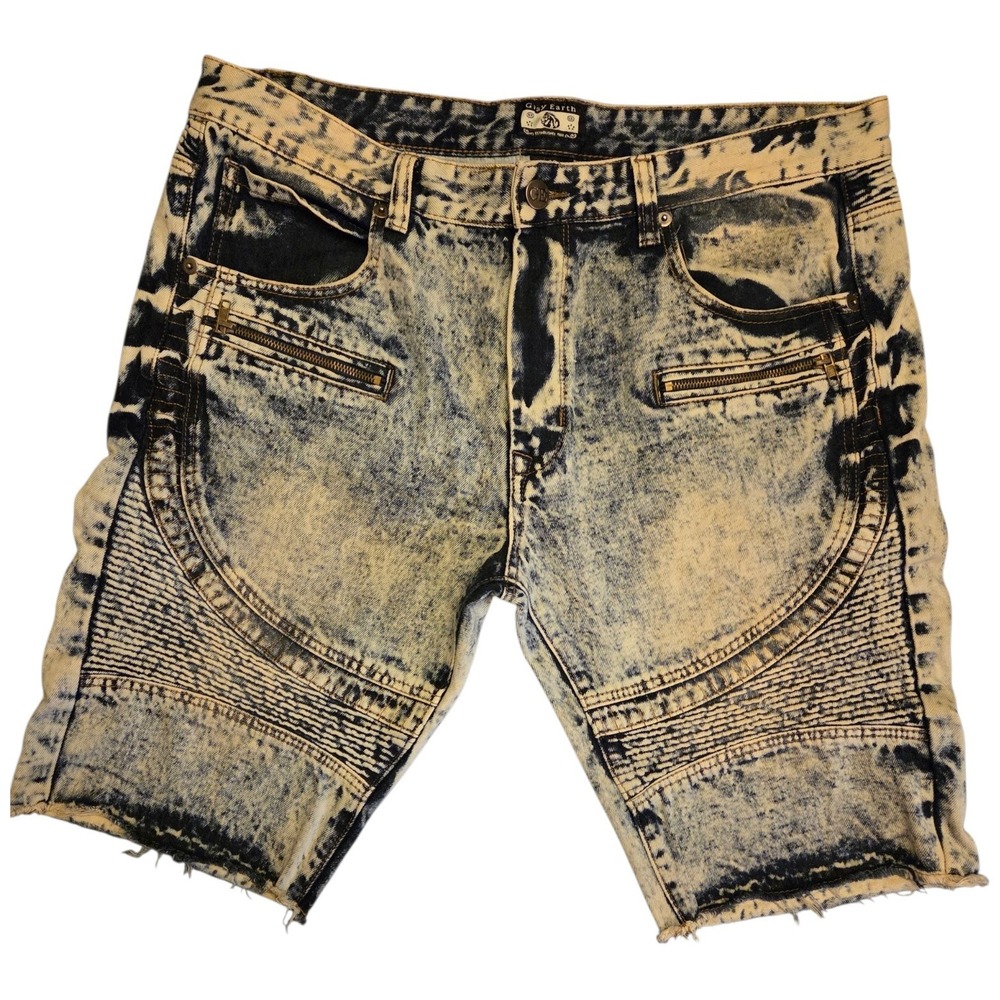 Gray Earth Mens 40 Acid Wash Moto Biker Denim Shorts Black Sand Frayed Hem Rib